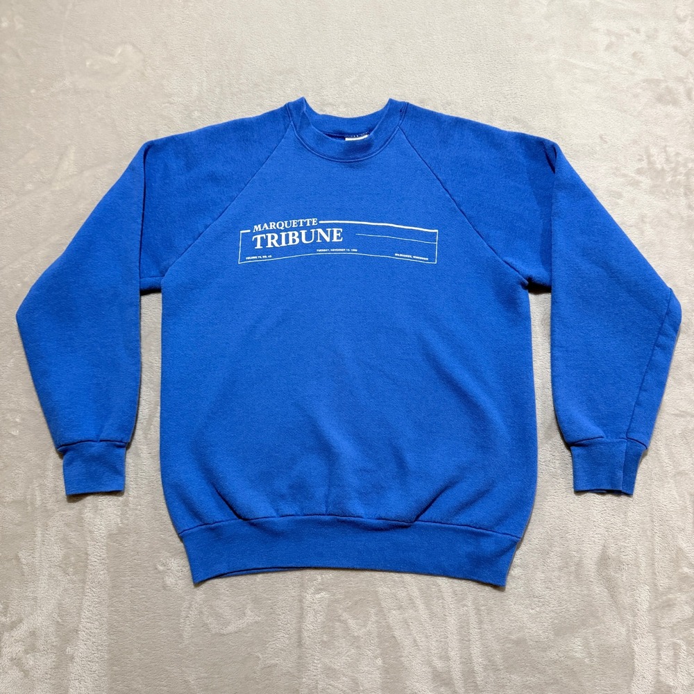 Vintage Fruit of the Loom Marquette Tribune Sweatshirt Mens L Blue 90s Crewneck